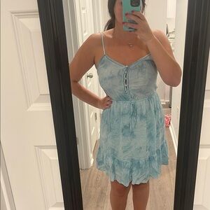 Light Blue Tie-Dye Spaghetti Strap Ruffle Hem Button Front Dress becool Large